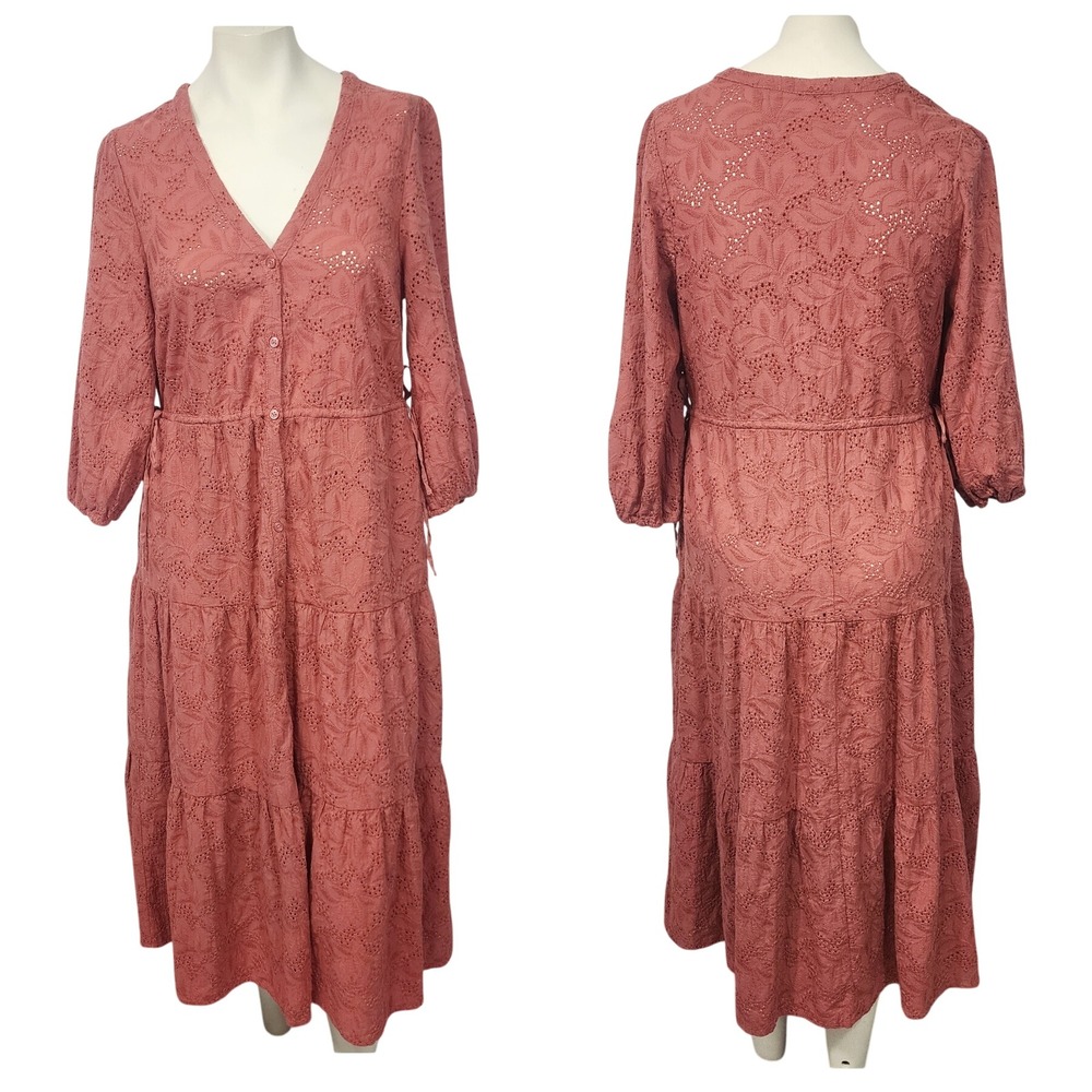 Marine Layer Willow Midi Dress‎ Small Coral Embroidered Tiered Button Front Boho